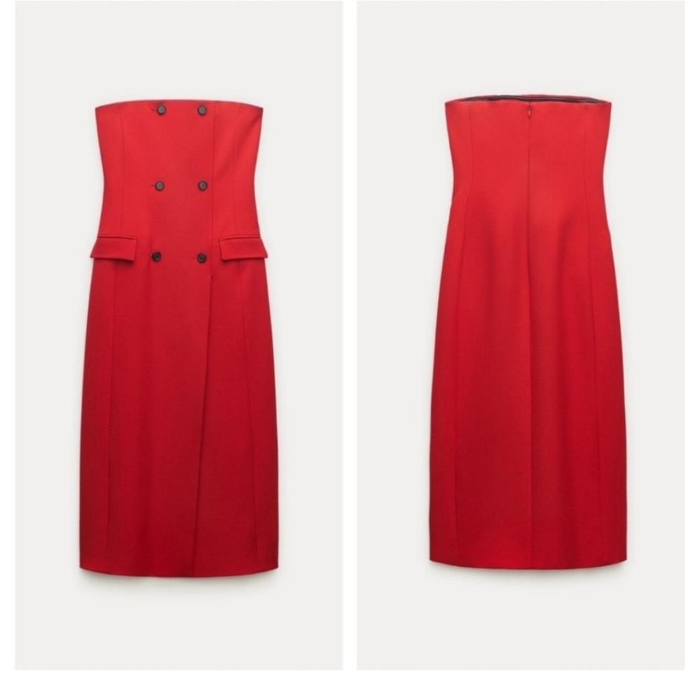 NWT Zara strapless double breasted red dress with front opening lined size XS